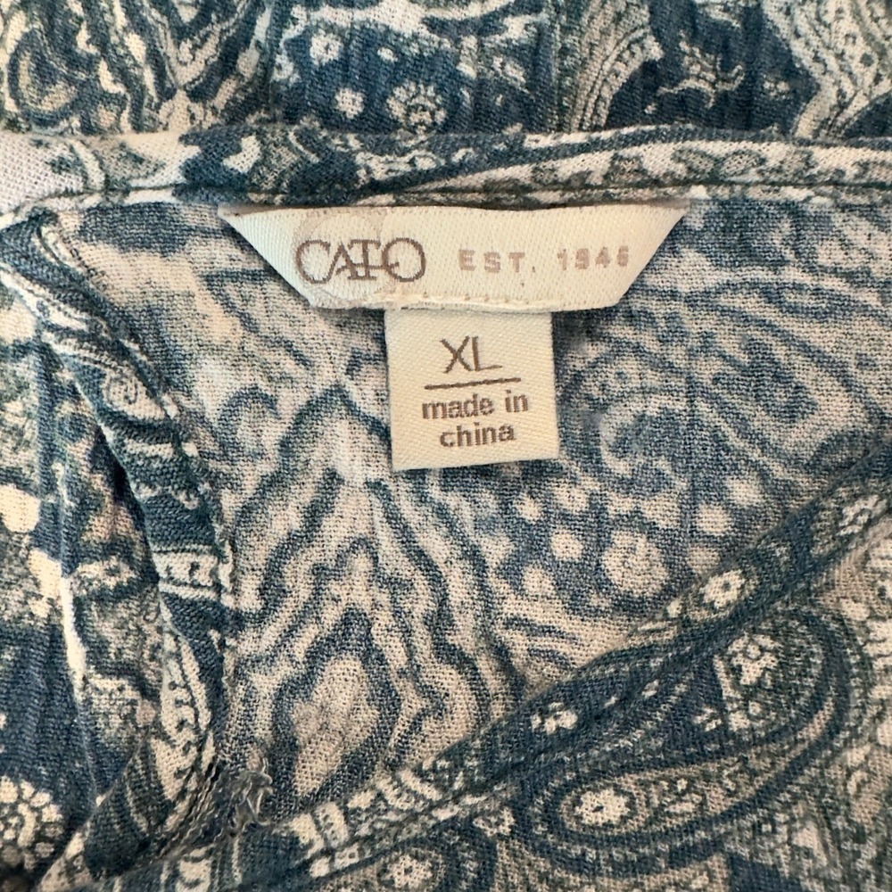 CATO XL Paisley Boho Blouse Blue Teal Lace Inset Flared Sleeve Rayon Top - Picture 8 of 11